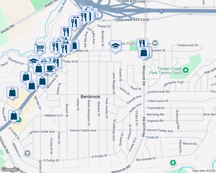map of restaurants, bars, coffee shops, grocery stores, and more near 1029 Park Center Street in Benbrook