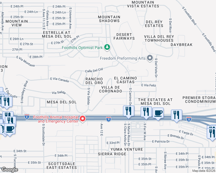 map of restaurants, bars, coffee shops, grocery stores, and more near 12172 East Via Loma Vista in Yuma