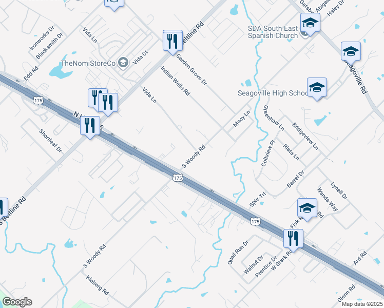 map of restaurants, bars, coffee shops, grocery stores, and more near 1627 South Woody Road in Dallas