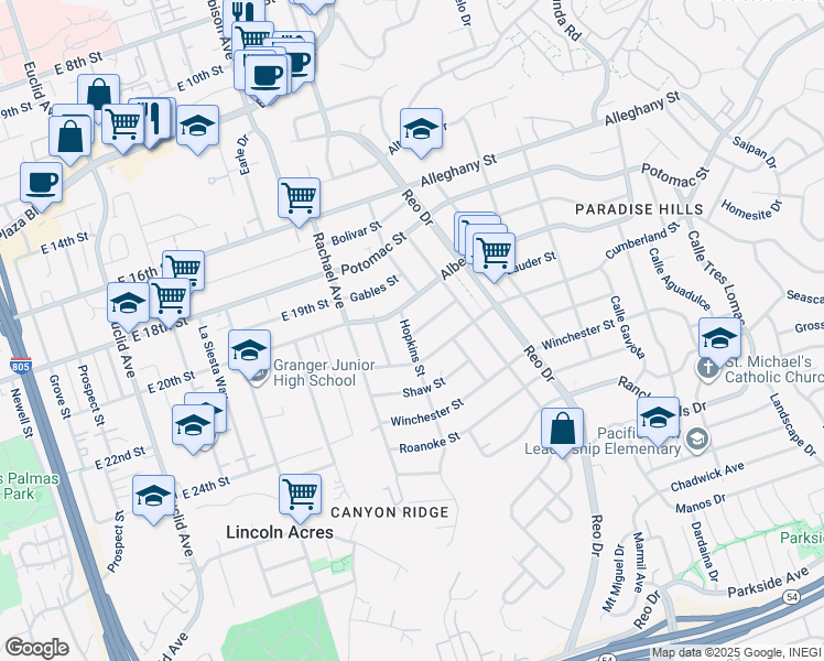 map of restaurants, bars, coffee shops, grocery stores, and more near 2343 Hopkins Street in San Diego