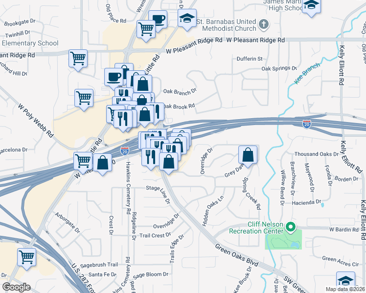 map of restaurants, bars, coffee shops, grocery stores, and more near 5781 Southwest Green Oaks Boulevard in Arlington