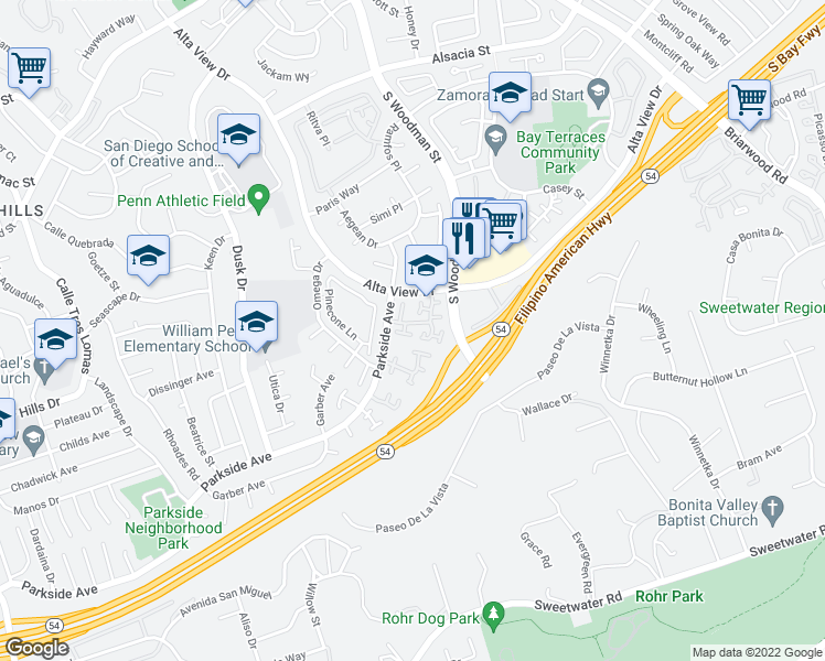 map of restaurants, bars, coffee shops, grocery stores, and more near 6955 Parkside Avenue in San Diego
