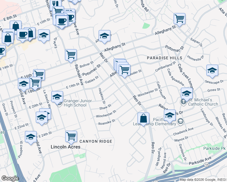 map of restaurants, bars, coffee shops, grocery stores, and more near 5774 Cumberland Street in San Diego