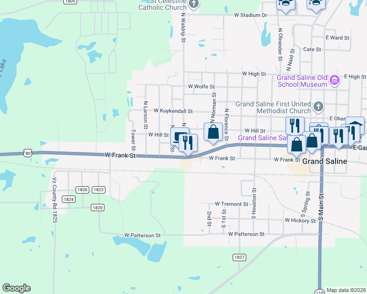 map of restaurants, bars, coffee shops, grocery stores, and more near 218 North Collier Street in Grand Saline