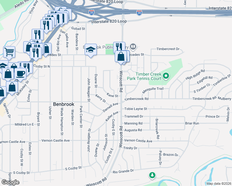 map of restaurants, bars, coffee shops, grocery stores, and more near 1027 Johnson Street in Benbrook