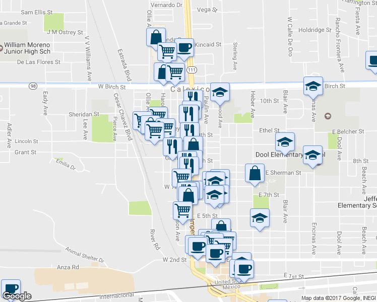 map of restaurants, bars, coffee shops, grocery stores, and more near 814 Imperial Avenue in Calexico