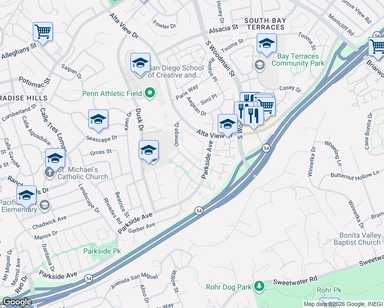 map of restaurants, bars, coffee shops, grocery stores, and more near 6824 Camphor Lane in San Diego