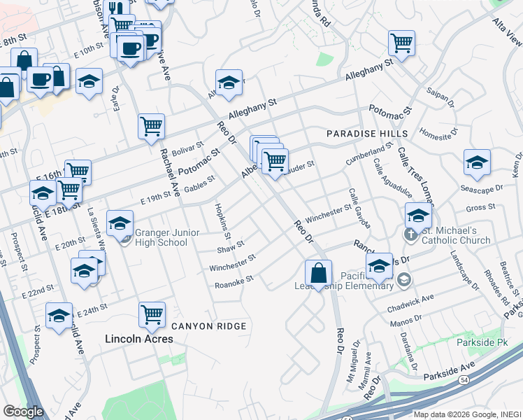 map of restaurants, bars, coffee shops, grocery stores, and more near 5774 Cumberland Street in San Diego