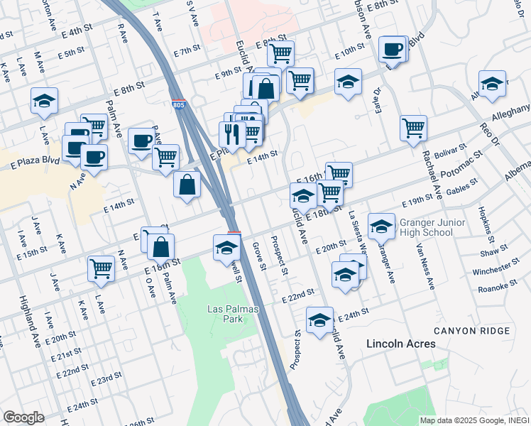 map of restaurants, bars, coffee shops, grocery stores, and more near 1644 Prospect Street in National City