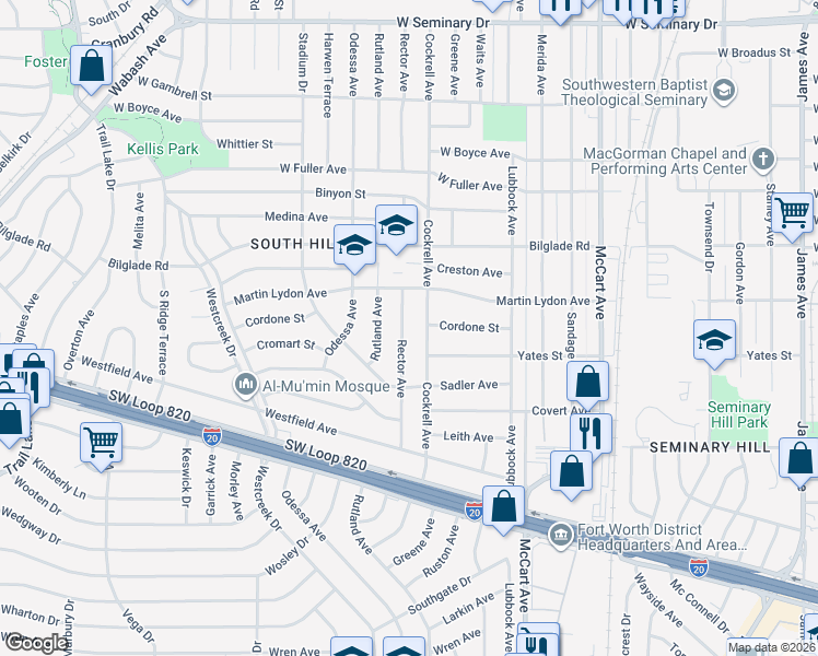 map of restaurants, bars, coffee shops, grocery stores, and more near 4925 Rector Avenue in Fort Worth