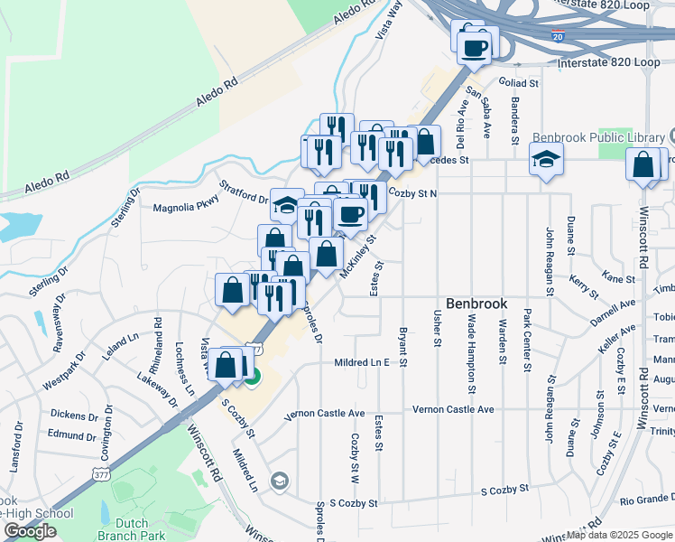 map of restaurants, bars, coffee shops, grocery stores, and more near 1040 McKinley Street in Benbrook