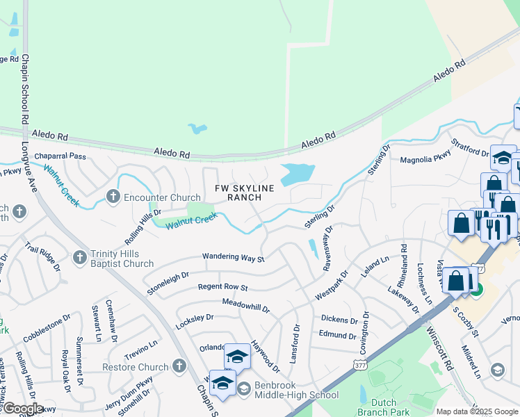 map of restaurants, bars, coffee shops, grocery stores, and more near 9800 Rio Frio Trail in Fort Worth