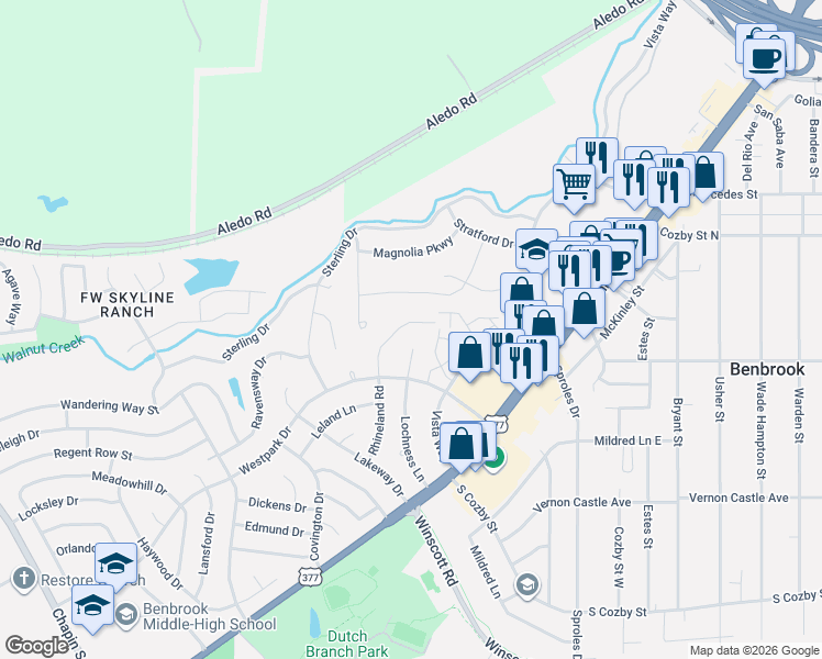 map of restaurants, bars, coffee shops, grocery stores, and more near 400 Rhineland Road in Fort Worth