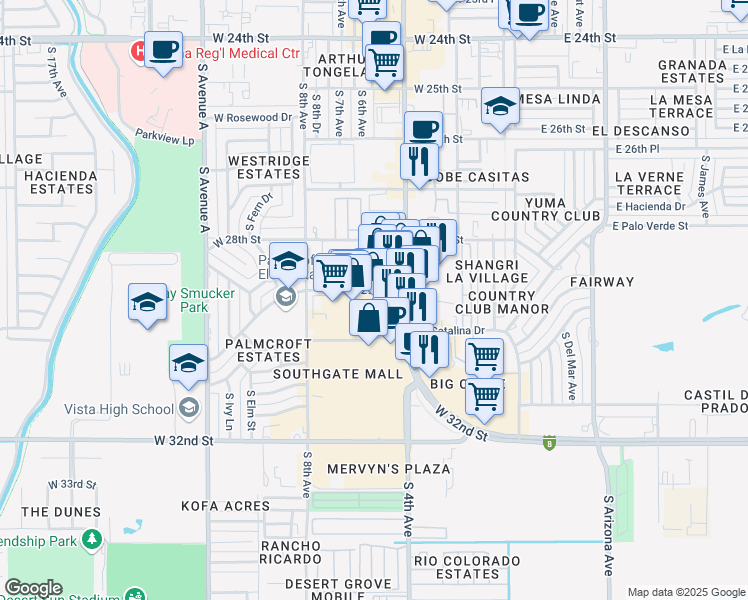 map of restaurants, bars, coffee shops, grocery stores, and more near 500 West Catalina Drive in Yuma