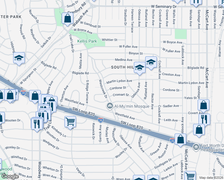 map of restaurants, bars, coffee shops, grocery stores, and more near 3505 Cordone Street in Fort Worth