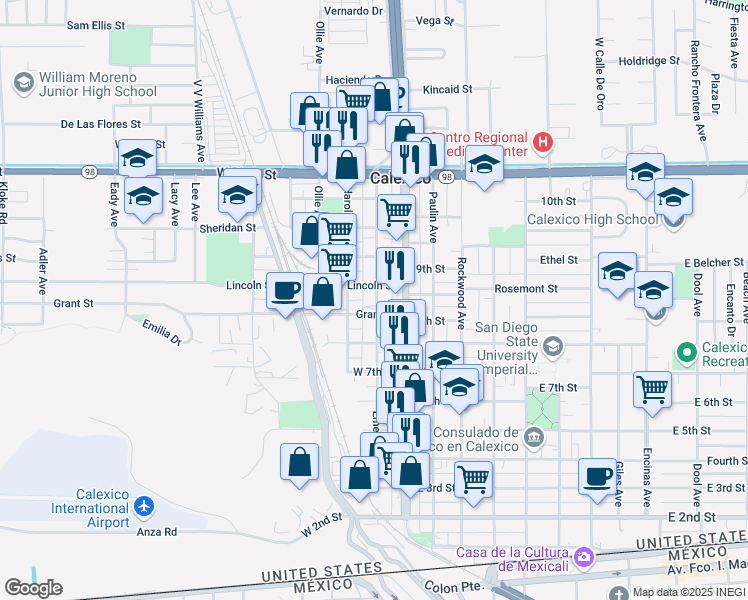 map of restaurants, bars, coffee shops, grocery stores, and more near 809 Emerson Avenue in Calexico