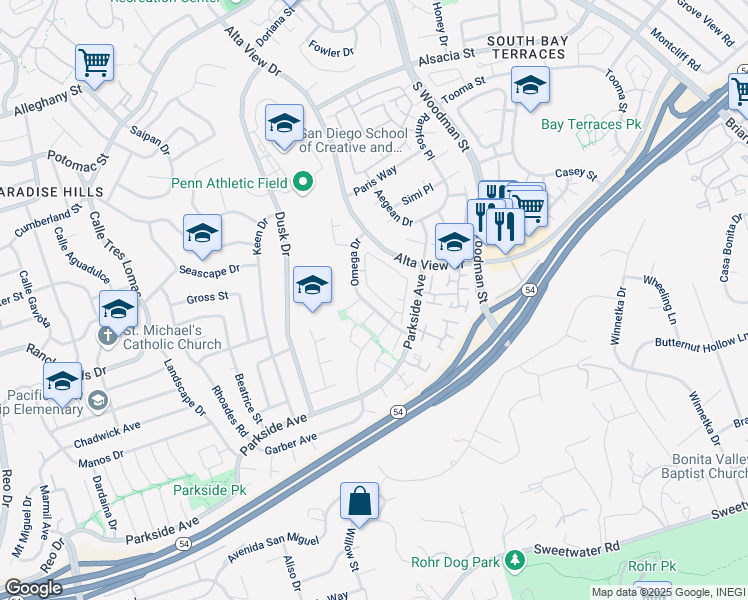 map of restaurants, bars, coffee shops, grocery stores, and more near 6668 Omega Drive in San Diego