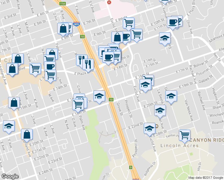 map of restaurants, bars, coffee shops, grocery stores, and more near 1624 Grove Street in National City