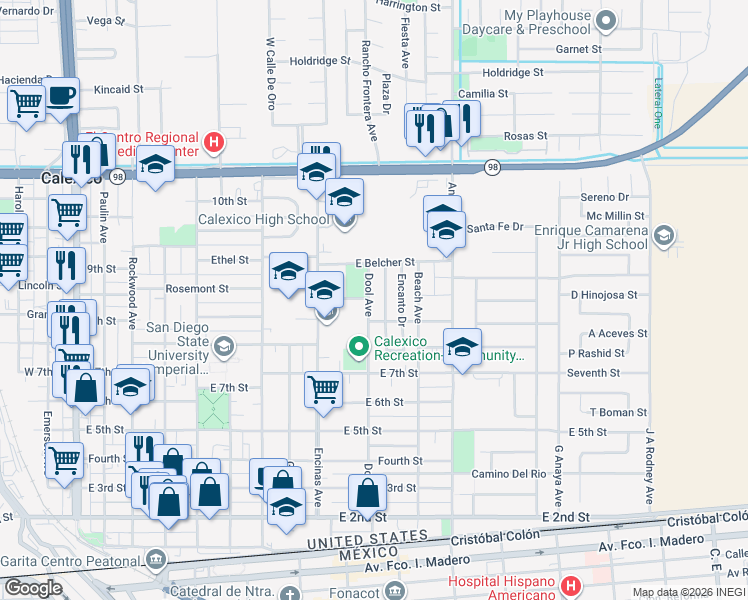 map of restaurants, bars, coffee shops, grocery stores, and more near 8th Street in Calexico