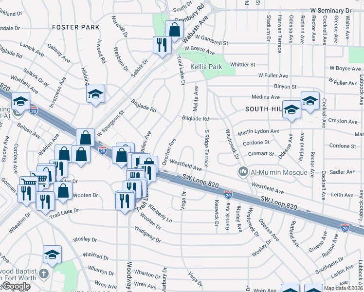 map of restaurants, bars, coffee shops, grocery stores, and more near 4908 Vega Court West in Fort Worth