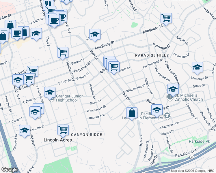 map of restaurants, bars, coffee shops, grocery stores, and more near 5774 Cumberland Street in San Diego