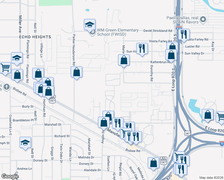 map of restaurants, bars, coffee shops, grocery stores, and more near 4951 Collett Little Road in Fort Worth
