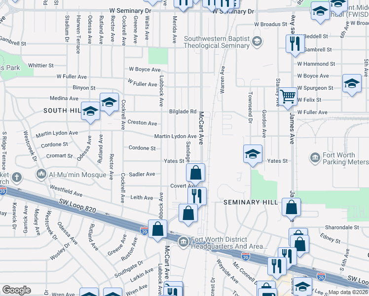 map of restaurants, bars, coffee shops, grocery stores, and more near 4920 Sandage Avenue in Fort Worth