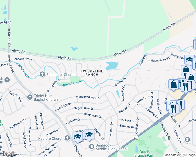 map of restaurants, bars, coffee shops, grocery stores, and more near 9800 Rio Frio Trail in Fort Worth