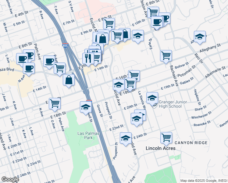 map of restaurants, bars, coffee shops, grocery stores, and more near 1722 Euclid Avenue in National City