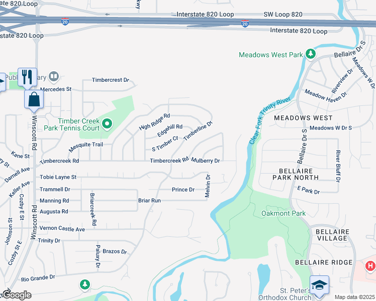map of restaurants, bars, coffee shops, grocery stores, and more near 1013 Timberline Drive in Benbrook