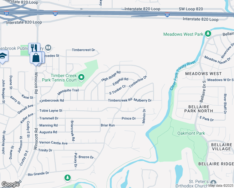 map of restaurants, bars, coffee shops, grocery stores, and more near 1624 South Timber Court in Fort Worth