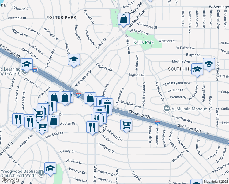 map of restaurants, bars, coffee shops, grocery stores, and more near 4833 Trail Lake Drive in Fort Worth