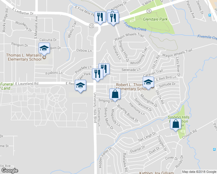 map of restaurants, bars, coffee shops, grocery stores, and more near 6009 Sunny Crest Lane in Dallas