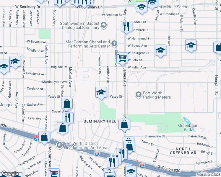 map of restaurants, bars, coffee shops, grocery stores, and more near 4921 Gordon Avenue in Fort Worth