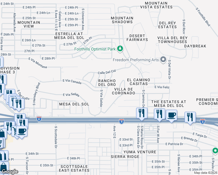 map of restaurants, bars, coffee shops, grocery stores, and more near 10673 Calle Raquel in Yuma