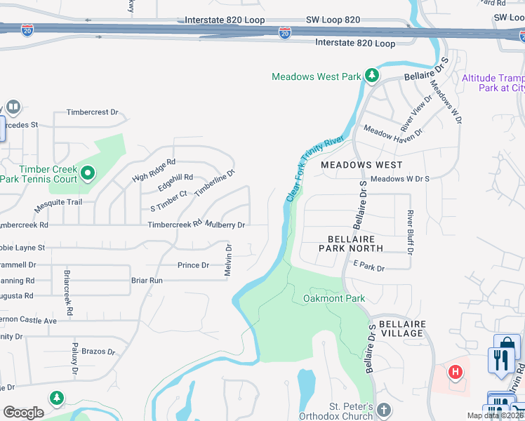 map of restaurants, bars, coffee shops, grocery stores, and more near 1016 North Shady River Court in Benbrook