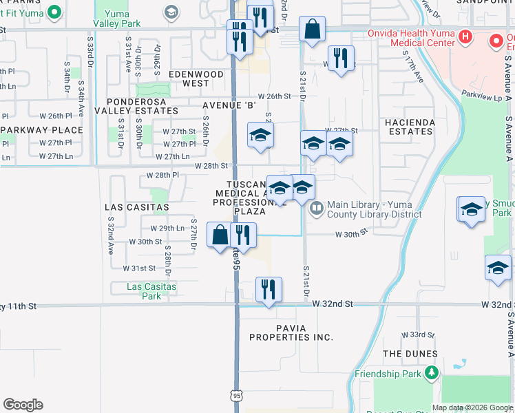 map of restaurants, bars, coffee shops, grocery stores, and more near 2910 U.S. 95 in Yuma