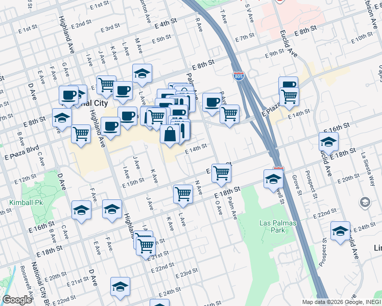map of restaurants, bars, coffee shops, grocery stores, and more near 1412 East 14th Street in National City
