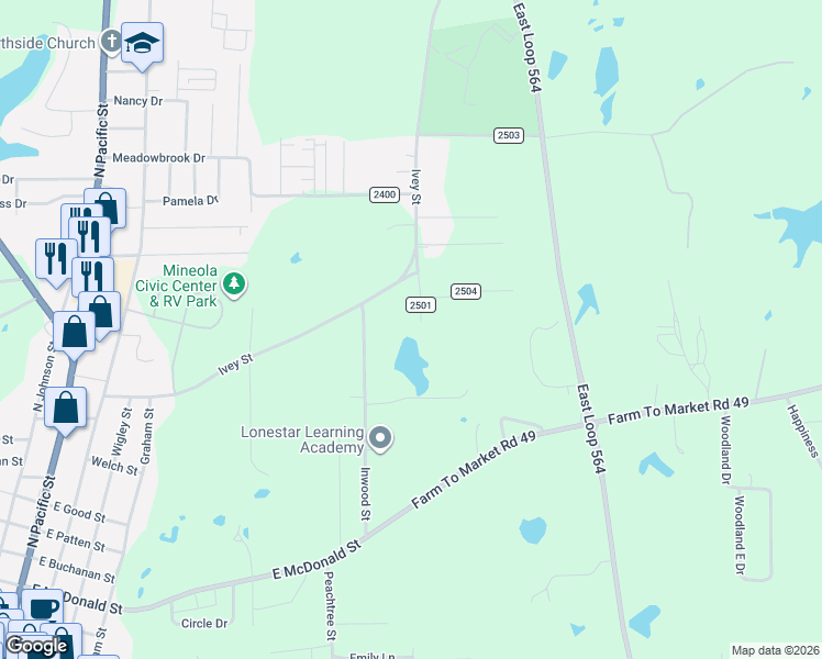 map of restaurants, bars, coffee shops, grocery stores, and more near 218 County Road 2501 in Mineola