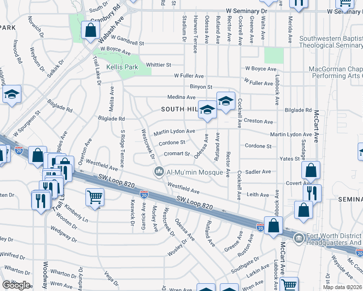 map of restaurants, bars, coffee shops, grocery stores, and more near 3363 Cordone Street in Fort Worth