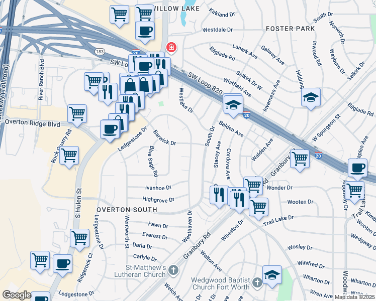 map of restaurants, bars, coffee shops, grocery stores, and more near 5104 Westhaven Drive in Fort Worth