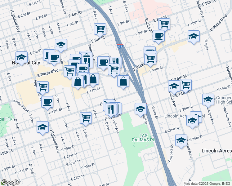 map of restaurants, bars, coffee shops, grocery stores, and more near 1537 Q Avenue in National City