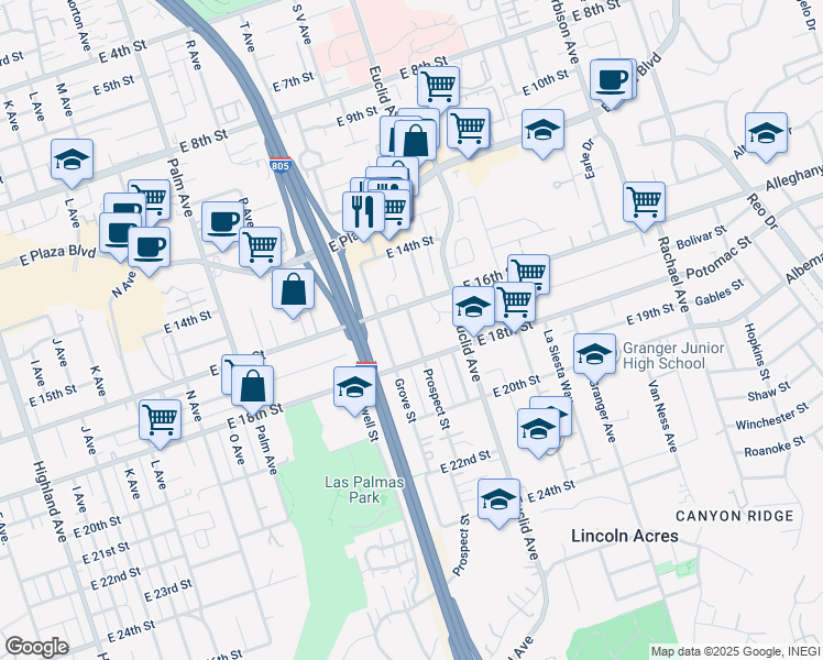 map of restaurants, bars, coffee shops, grocery stores, and more near 1644 Prospect St in National City