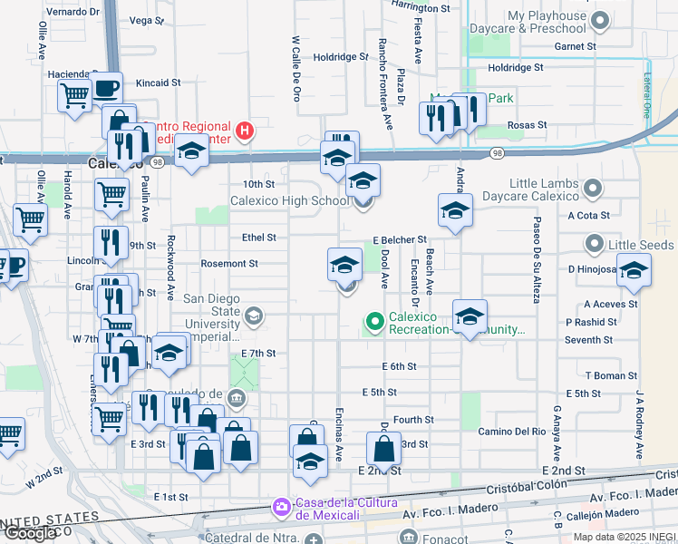 map of restaurants, bars, coffee shops, grocery stores, and more near 8th Street in Calexico