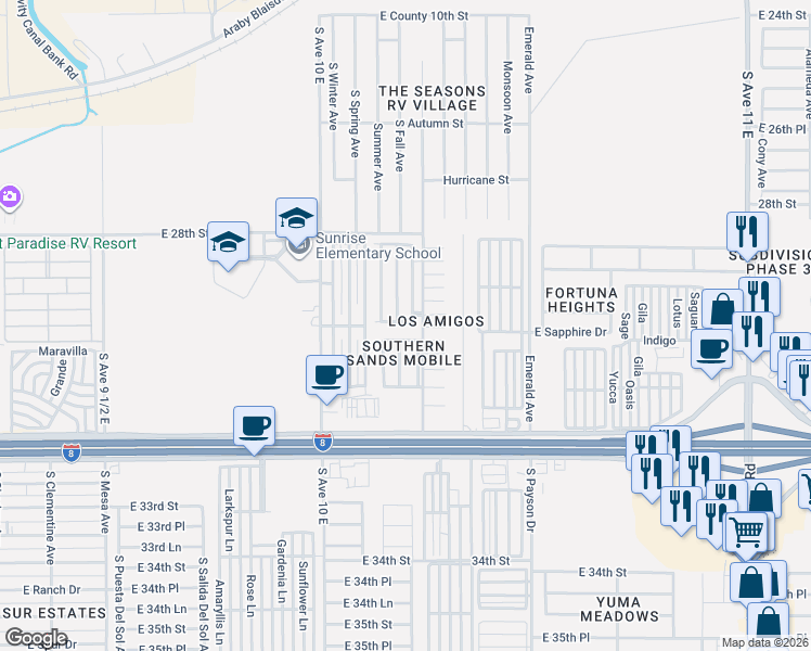 map of restaurants, bars, coffee shops, grocery stores, and more near 10272 East 30th Street in Yuma
