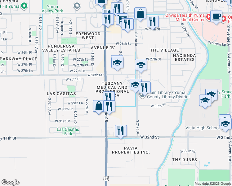map of restaurants, bars, coffee shops, grocery stores, and more near 2910 U.S. 95 in Yuma