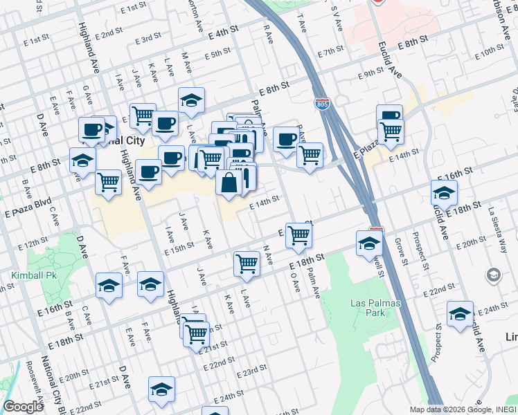 map of restaurants, bars, coffee shops, grocery stores, and more near 1412 East 14th Street in National City