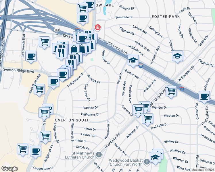 map of restaurants, bars, coffee shops, grocery stores, and more near 5104 Westhaven Drive in Fort Worth