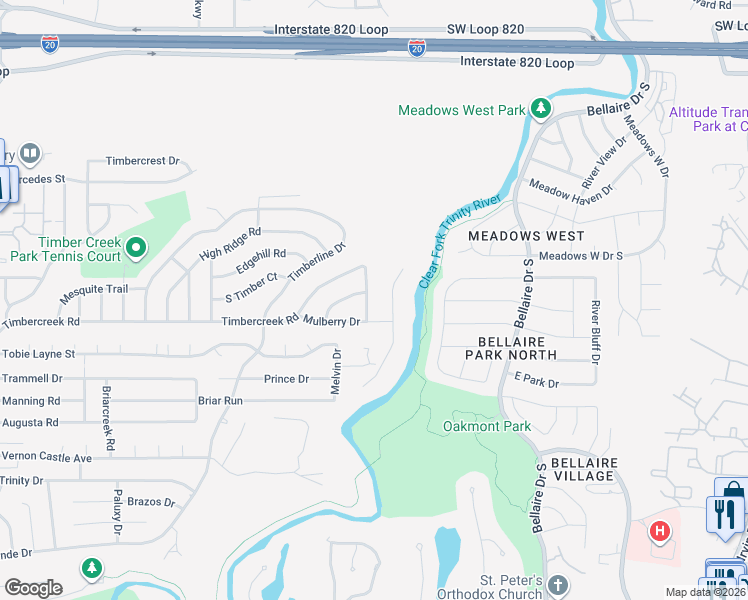 map of restaurants, bars, coffee shops, grocery stores, and more near 1016 North Shady River Court in Benbrook