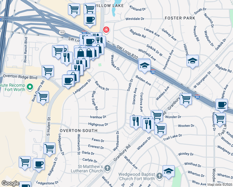 map of restaurants, bars, coffee shops, grocery stores, and more near 5104 Westhaven Drive in Fort Worth